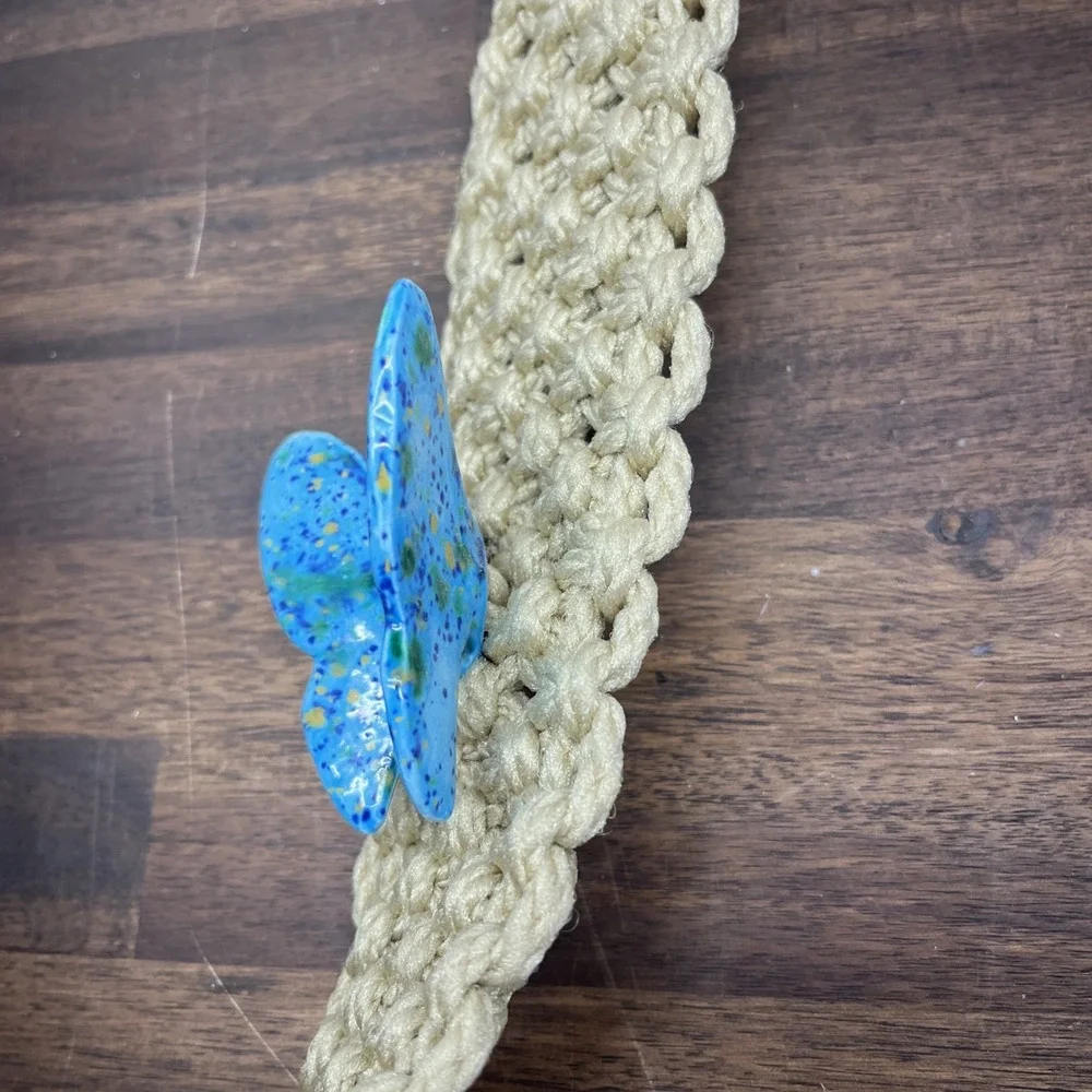 Vintage Handmade Towel Holder Macrame, 70's Blue Butterfly Hippie Door Hanger